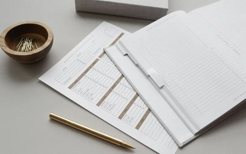 A finance tracker planner with budget sheets, a gold pen, and paper clips